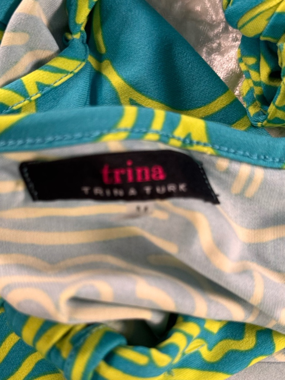 Trina Turk Turquoise and Lime Printed Halter Dress - Picture 2 of 4
